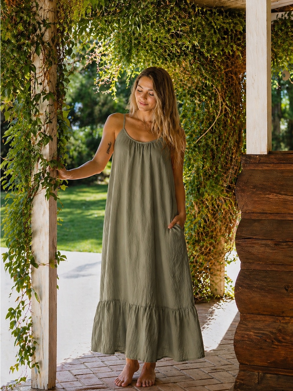 Nwot Muslin Comfort Strappy Green Cotton Gauze Maxi Dress